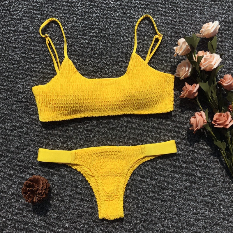 Custom Made Yellow Seersuker Two Pieces Bikini Sexy Swimsuit