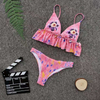 Custom Made Pink Floral Print Two Pieces Bikini Ripple Fringes Sexy Swimsuit