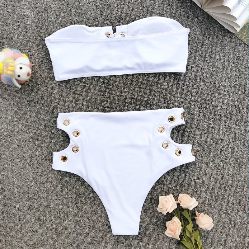 Custom Made White Two Pieces Bikini Tube Top Swimsuit High Waist Sexy Swimsuit