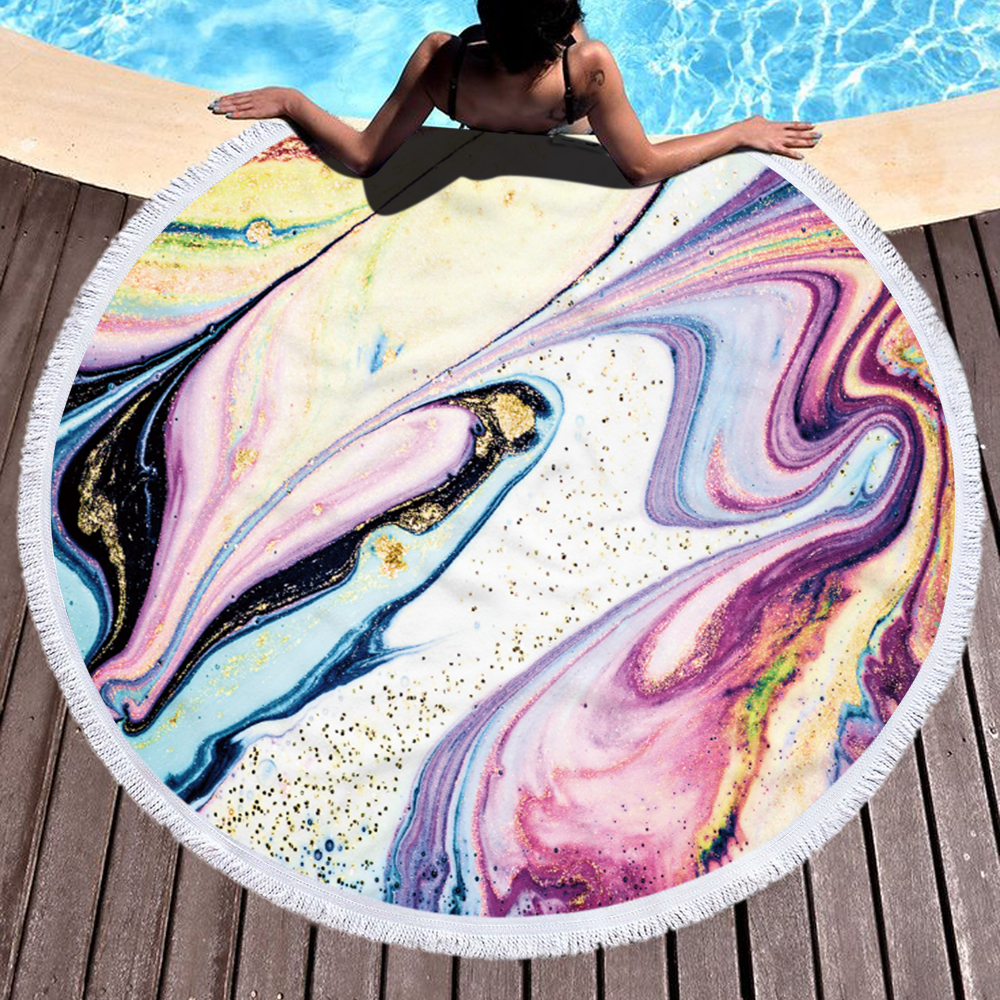 Wholesale Custom Marble Light Color Round Microfiber Beach Towel with Tassels for Summer