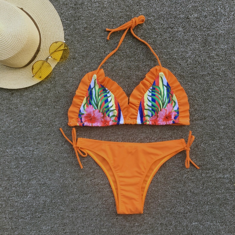 Custom Made Orange Floral Print Two Pieces Bikini Ripple Fringes Sexy Swimsuit