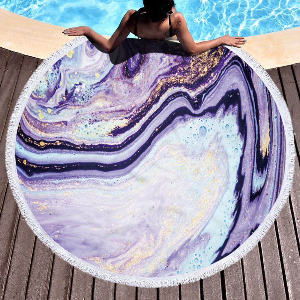 Ins Popular Custom Marble Quick Dry Round Microfiber Beach Towel with Tassels for Summer